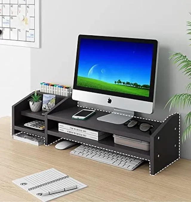Alt view image 7 of 7 - KUAIYU Computer Monitor Riser,Monitor Stand,2 Tier Wooden Computer Monitor Stands with Two Layer Storage Rack,Black Desktop Monitor Stand for PC/Laptop,Home & Office Desktop Organizer