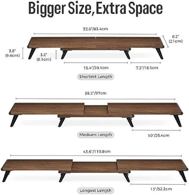 Alt view image 4 of 7 - loukin Dual Monitor Stand Riser for Desk, 17.32*9.84 Large Computer Stand for 2 Monitors, Laptop, Printer, Length and Angle Adjustable Computer Shelf, Home Office,Max 43.6 Length(Brown)