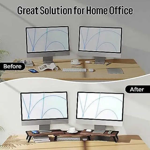Alt view image 7 of 7 - loukin Dual Monitor Stand Riser for Desk, 17.32*9.84 Large Computer Stand for 2 Monitors, Laptop, Printer, Length and Angle Adjustable Computer Shelf, Home Office,Max 43.6 Length(Brown)