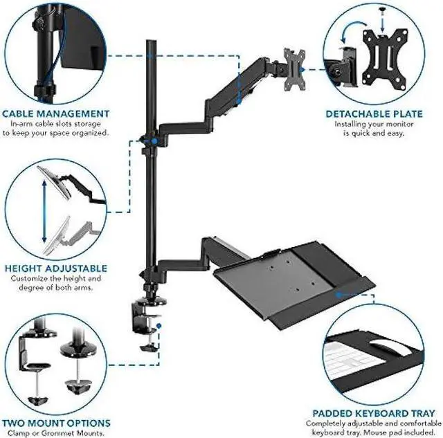 Alt view image 5 of 5 - MOUNT-IT! Sit Stand Monitor Desk Mount [Fits 32 Screens] Height Adjustable, Full-Motion Articulating Arm with Keyboard Tray and Cable Management (Black)