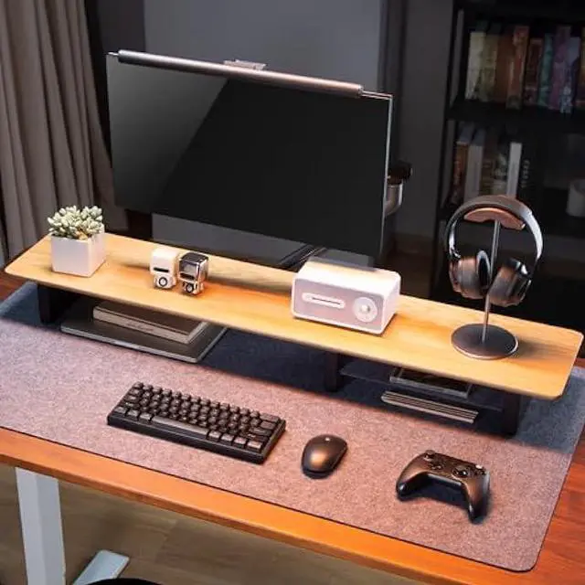 Alt view image 3 of 7 - XL Oak Wood Monitor Stand for Desk (44 Inch) Large Monitor Stands for 2 Monitors, Desk Shelf for Top of Desk