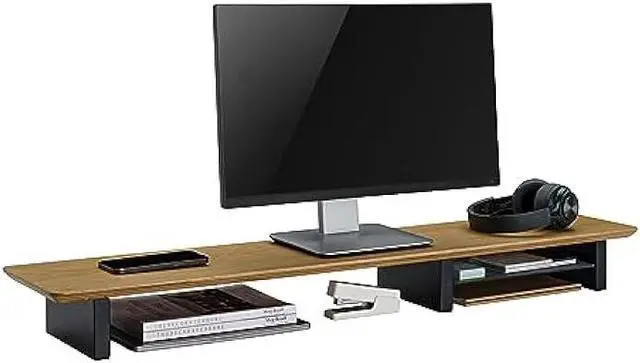 Alt view image 7 of 7 - XL Oak Wood Monitor Stand for Desk (44 Inch) Large Monitor Stands for 2 Monitors, Desk Shelf for Top of Desk