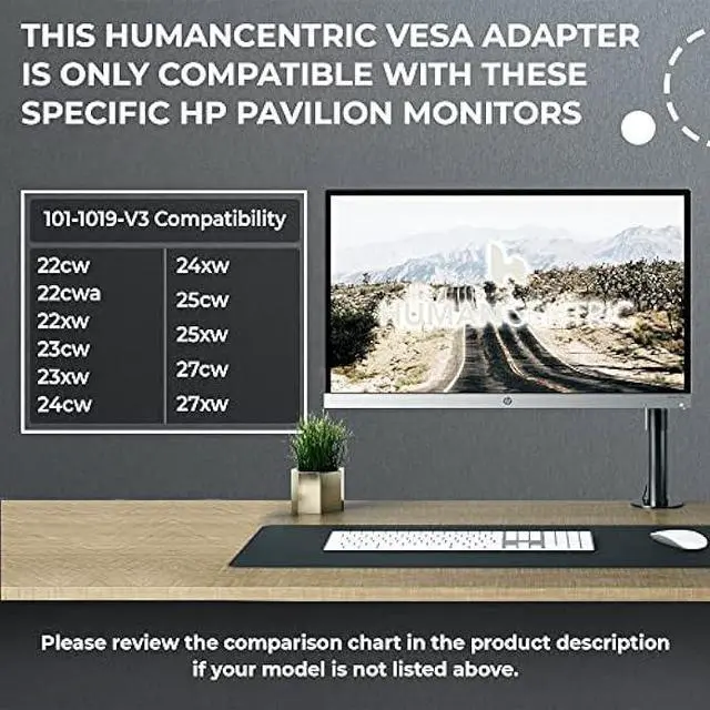 Alt view image 3 of 7 - VESA Mount Adapter for HP Pavilion 27xw, 25xw, 24xw, 23xw, 22xw, 22cwa, 27cw, 25cw, 24cw, 23cw, and 22cw Monitors - by HumanCentric