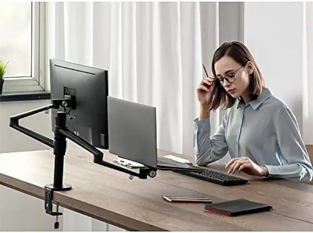 Alt view image 2 of 5 - Viozon Monitor and Laptop Mount, 2-in-1 Adjustable Dual Arm Desk Mounts Single Desk Arm Stand/Holder for 17 to 32 Inch LCD Computer Screens, Extra Tray Fits 12 to 17 inch Laptops (Black)