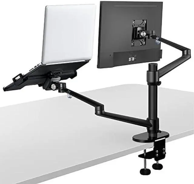 Main image of Viozon Monitor and Laptop Mount, 2-in-1 Adjustable Dual Arm Desk Mounts Single Desk Arm Stand/Holder for 17 to 32 Inch LCD Computer Screens, Extra Tray Fits 12 to 17 inch Laptops (Black)