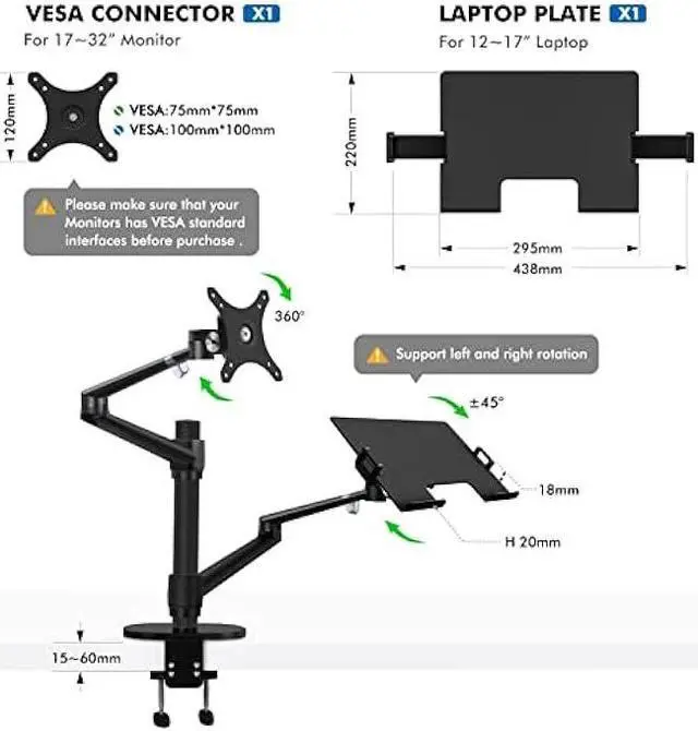 Alt view image 3 of 5 - Viozon Monitor and Laptop Mount, 2-in-1 Adjustable Dual Arm Desk Mounts Single Desk Arm Stand/Holder for 17 to 32 Inch LCD Computer Screens, Extra Tray Fits 12 to 17 inch Laptops (Black)