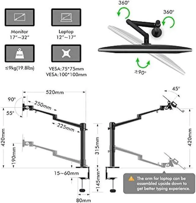 Alt view image 4 of 5 - Viozon Monitor and Laptop Mount, 2-in-1 Adjustable Dual Arm Desk Mounts Single Desk Arm Stand/Holder for 17 to 32 Inch LCD Computer Screens, Extra Tray Fits 12 to 17 inch Laptops (Black)