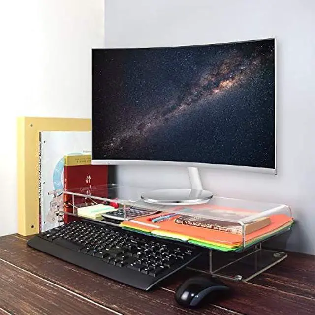 Alt view image 6 of 6 - Ikee Design Acrylic Monitor Stand, Storage Riser for Desk Countertop with 3 Compartments, Clear Acrylic Monitor Stand with Storage for Study Room and Office, 23W x 7.4D x 4.5H