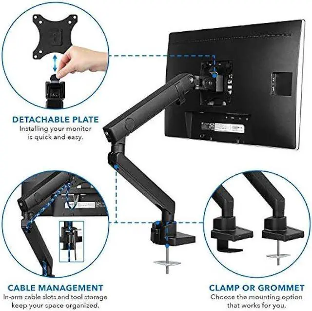 Alt view image 3 of 5 - Mount-It! Single Monitor Arm Mount | Premium Monitor Desk Stand | Articulating Mechanical Spring Arm | Fits 24 27 30 32 Inch VESA 75 100 Compatible Computer Screen | C-Clamp and Grommet Bases