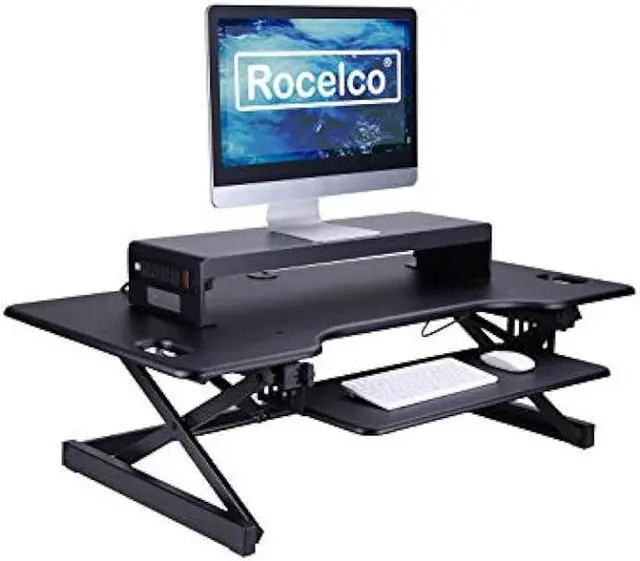 Alt view image 3 of 7 - Rocelco 30 Premium Dual Monitor Stand with AC Power Supply & USB 2.0 Charging | Metal Laptop TV PC Riser Shelf with Keyboard Mouse Storage and Cable Management | Black (R DMS)