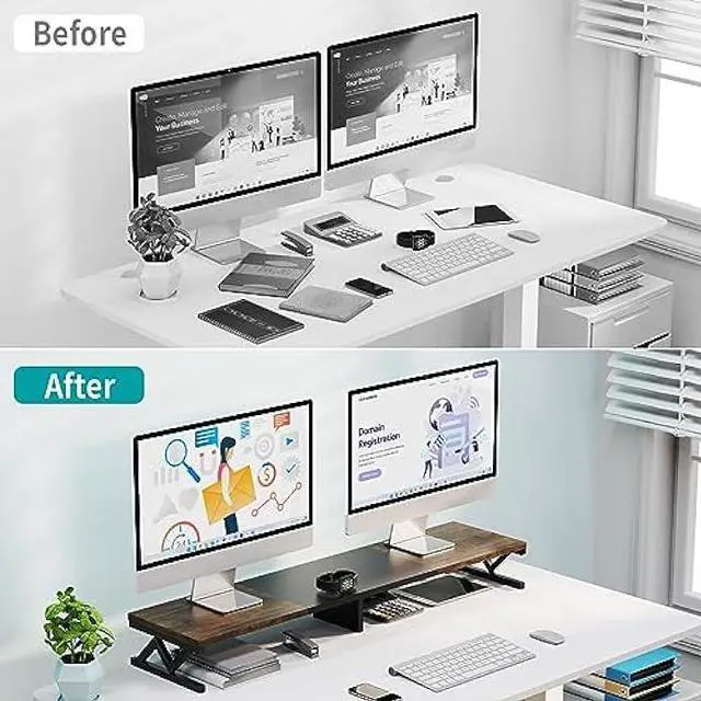 Alt view image 3 of 7 - ErgoFocus Dual Monitor Stand Riser, Large Wood Monitor Riser for 2 Monitors, Monitor Lift with Storage for Desk, Sturdy Wood&Steel Multi Screen Stand, Desktop Organizer Monitor Stand for Computer