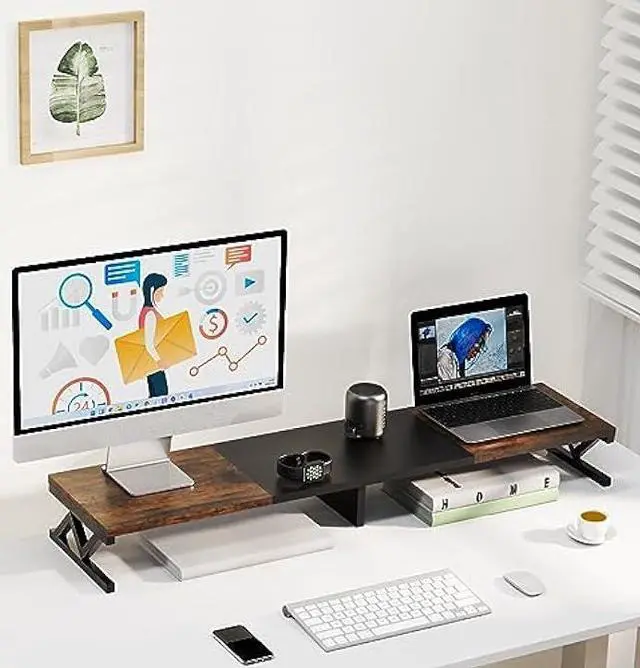 Alt view image 5 of 7 - ErgoFocus Dual Monitor Stand Riser, Large Wood Monitor Riser for 2 Monitors, Monitor Lift with Storage for Desk, Sturdy Wood&Steel Multi Screen Stand, Desktop Organizer Monitor Stand for Computer
