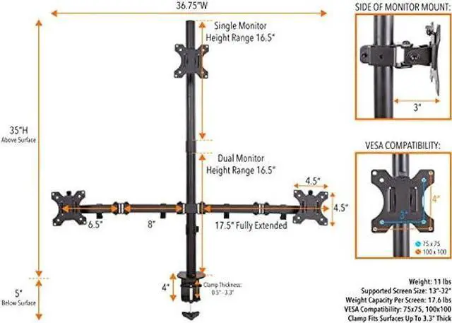 Alt view image 6 of 6 - Stand Steady 3 Monitor Mount Desk Stand | Clamp-On Height Adjustable Triple Monitor Stand | Full Articulation VESA Mount Fits Most LCD/LED Monitors 13-32 Inches | Easy Set-Up Three Monitor Arm