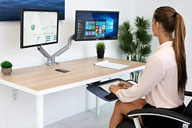 Alt view image 2 of 6 - Mount-It! Dual Monitor Arm Mount Desk Stand | 2 x 3.0 USB Ports | Articulating Mechanical Spring Height Adjustable | Fits Two 24 27 29 30 32 Inch VESA 75 100 Compatible Screens | C-Clamp and Grommet
