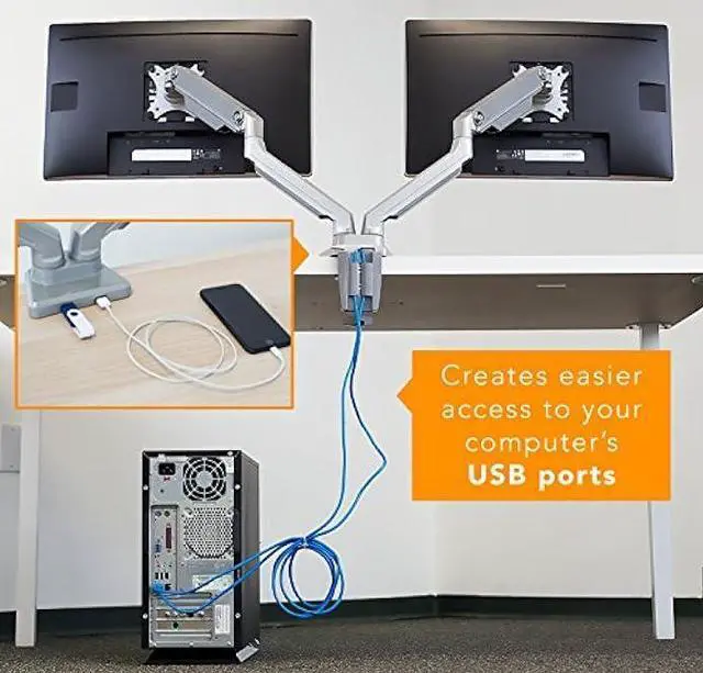 Alt view image 5 of 6 - Mount-It! Dual Monitor Arm Mount Desk Stand | 2 x 3.0 USB Ports | Articulating Mechanical Spring Height Adjustable | Fits Two 24 27 29 30 32 Inch VESA 75 100 Compatible Screens | C-Clamp and Grommet