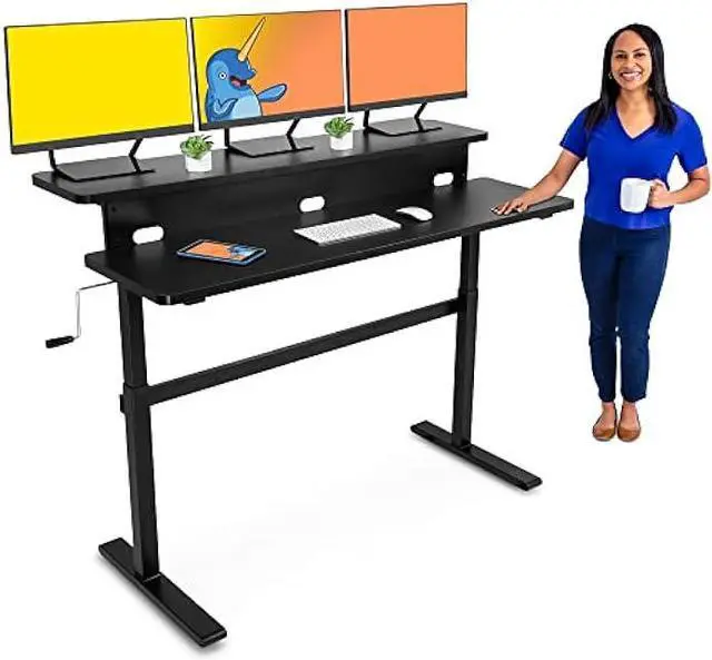 Main image of Stand Steady Tranzendesk | 55 Inch Dual Level Standing Desk with Shelf | Easy Crank Height Adjustable Sit to Stand Desk | Stand Up Workstation with Monitor Riser for Home & Office (55in / Black)