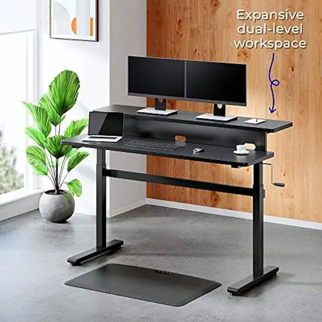 Alt view image 2 of 5 - Stand Steady Tranzendesk | 55 Inch Dual Level Standing Desk with Shelf | Easy Crank Height Adjustable Sit to Stand Desk | Stand Up Workstation with Monitor Riser for Home & Office (55in / Black)