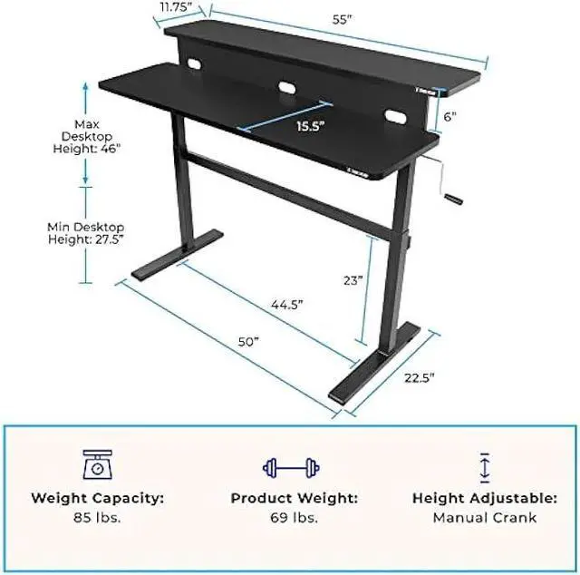 Alt view image 3 of 5 - Stand Steady Tranzendesk | 55 Inch Dual Level Standing Desk with Shelf | Easy Crank Height Adjustable Sit to Stand Desk | Stand Up Workstation with Monitor Riser for Home & Office (55in / Black)