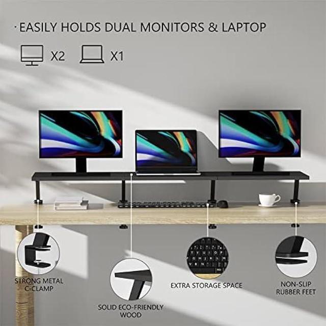 Alt view image 2 of 7 - Extra-Large 45-Inch Wood Clamp On Desk Monitor Shelf with Spacious Storage Space - Fits 60-inch or Dual 32-inch Screens, C-Clamp Design with Rubber Pad, Max Load 44lbs