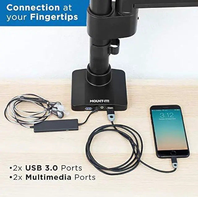 Alt view image 5 of 6 - Mount-It! Ultrawide Monitor Desk Mount, Single Monitor Mount for Heavy Monitors Up to 35 Inch and 33 Lbs, VESA 100, 200 mm Compatible, Height Adjustable Gas Spring Arm 2 x USB 3.0 and Audio Port