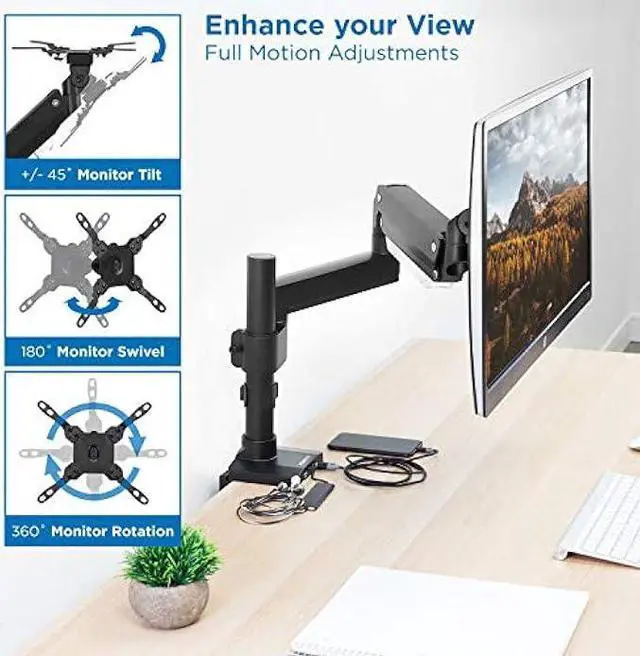 Alt view image 2 of 6 - Mount-It! Ultrawide Monitor Desk Mount, Single Monitor Mount for Heavy Monitors Up to 35 Inch and 33 Lbs, VESA 100, 200 mm Compatible, Height Adjustable Gas Spring Arm 2 x USB 3.0 and Audio Port