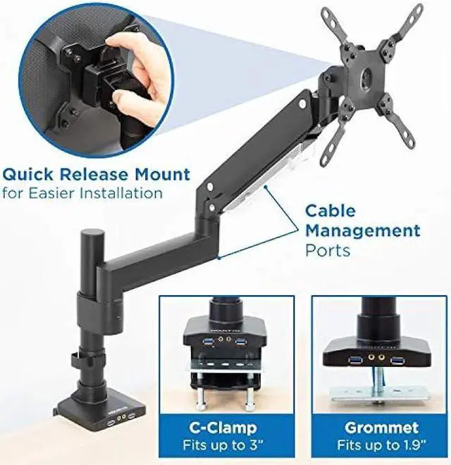 Alt view image 4 of 6 - Mount-It! Ultrawide Monitor Desk Mount, Single Monitor Mount for Heavy Monitors Up to 35 Inch and 33 Lbs, VESA 100, 200 mm Compatible, Height Adjustable Gas Spring Arm 2 x USB 3.0 and Audio Port