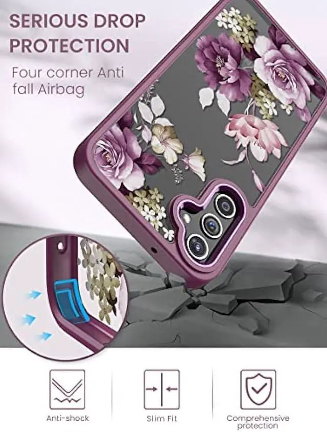 Alt view image 6 of 6 - DagoRoo for Samsung Galaxy A14 5G Case with Tempered Glass Screen Protector [2 Pack],[Military Grade Protective] Slim Soft TPU & Hard PC,Girls Women Crystal Clear Flower Pattern Cases (JD-Purple)