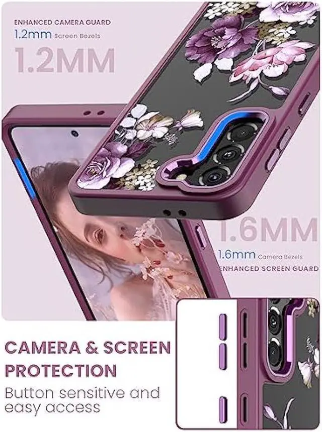 Alt view image 3 of 6 - Dretal for Samsung Galaxy S21 5G Case Floral, Military Grade Drop Tested Hard Back & Soft Edge Slim Flower Women Girls Phone Protective Cover + Tempered Glass Screen Protector for Galaxy S21(Purple)