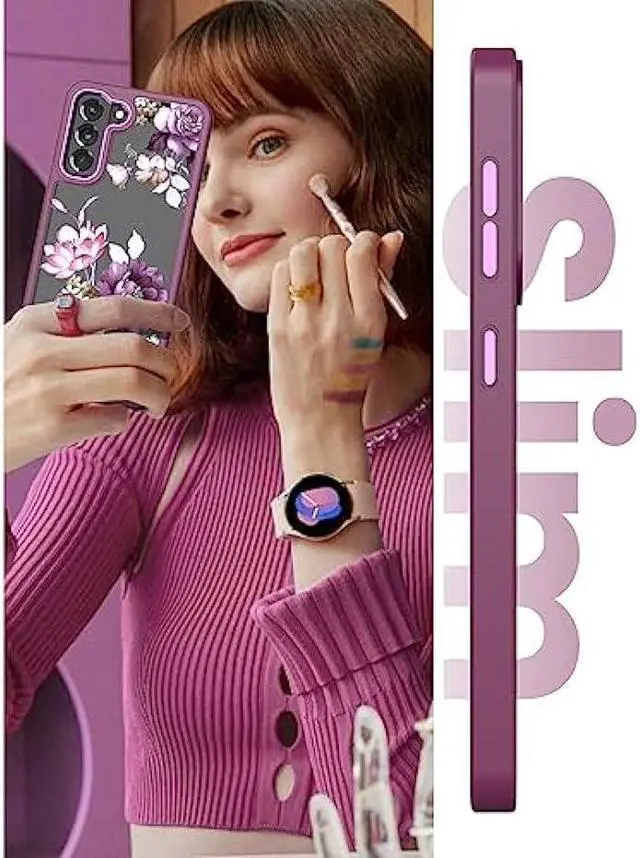 Alt view image 6 of 6 - Dretal for Samsung Galaxy S21 5G Case Floral, Military Grade Drop Tested Hard Back & Soft Edge Slim Flower Women Girls Phone Protective Cover + Tempered Glass Screen Protector for Galaxy S21(Purple)