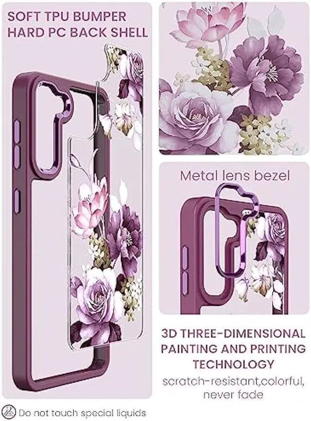 Alt view image 4 of 6 - Dretal for Samsung Galaxy S21 5G Case Floral, Military Grade Drop Tested Hard Back & Soft Edge Slim Flower Women Girls Phone Protective Cover + Tempered Glass Screen Protector for Galaxy S21(Purple)