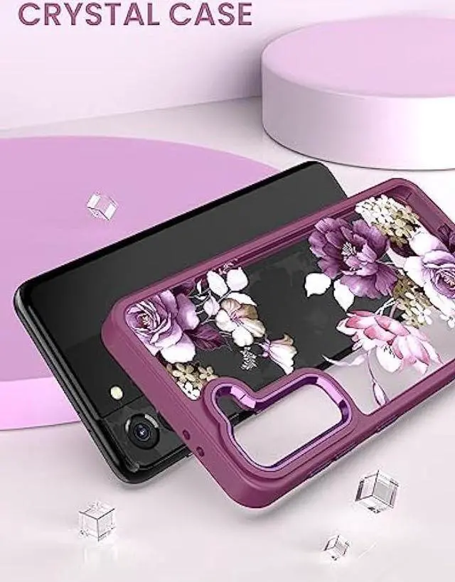 Alt view image 5 of 6 - Dretal for Samsung Galaxy S21 5G Case Floral, Military Grade Drop Tested Hard Back & Soft Edge Slim Flower Women Girls Phone Protective Cover + Tempered Glass Screen Protector for Galaxy S21(Purple)