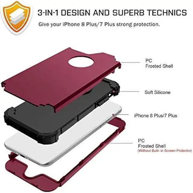Alt view image 3 of 6 - BENTOBEN Case for iPhone 8 Plus/iPhone 7 Plus, 3 Layer Hybrid Hard PC Soft Rubber Heavy Duty Rugged Bumper Shockproof Anti Slip Full-Body Protective Phone Cover , Wine Red