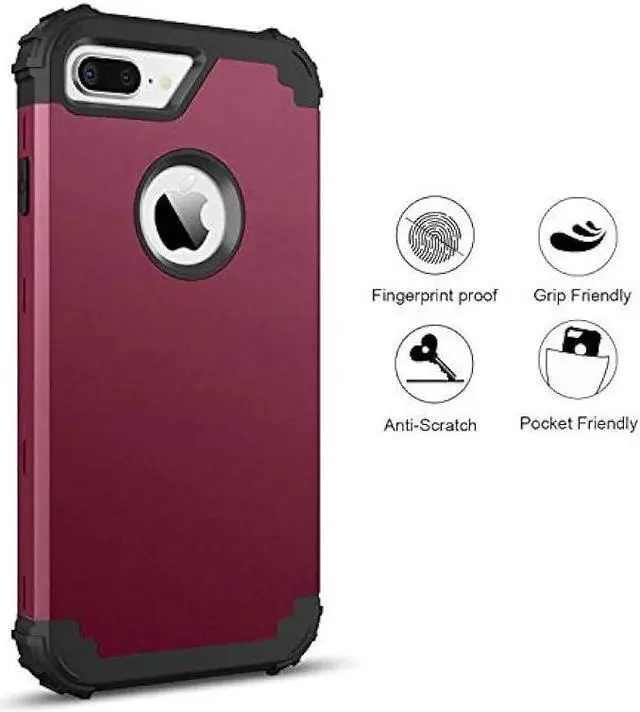 Alt view image 6 of 6 - BENTOBEN Case for iPhone 8 Plus/iPhone 7 Plus, 3 Layer Hybrid Hard PC Soft Rubber Heavy Duty Rugged Bumper Shockproof Anti Slip Full-Body Protective Phone Cover , Wine Red