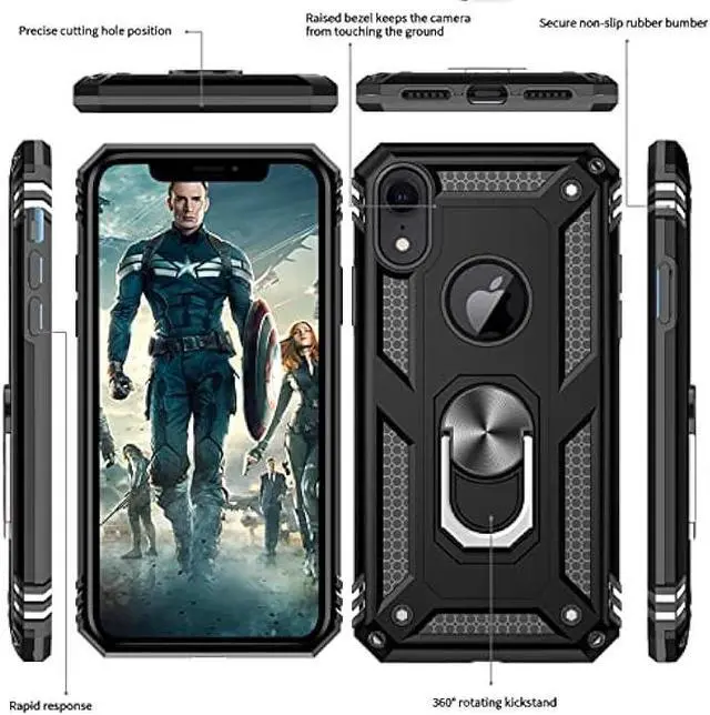 Alt view image 2 of 6 - LeYi for iPhone XR Case, iPhone XR Case with Stand and [2PCS] Tempered Glass Screen Protector for Men, Heavy Duty Protective Hard Case with Metal Ring for Apple iPhone 10 XR, Black