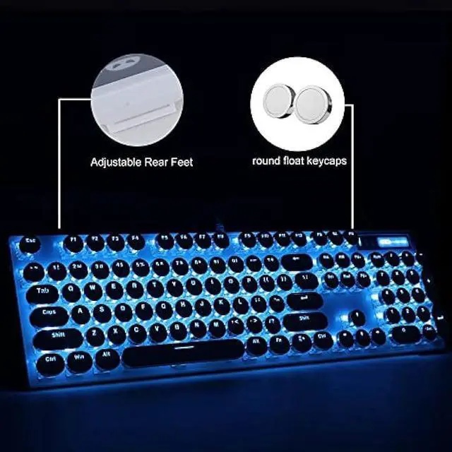 Alt view image 5 of 7 - Camiysn Typewriter Style Mechanical Gaming Keyboard, White Retro Punk Gaming Keyboard with Blue Backlit, 104 Keys Blue Switch Wired Cute Keyboard, Round Keycaps for Windows/Mac/PC