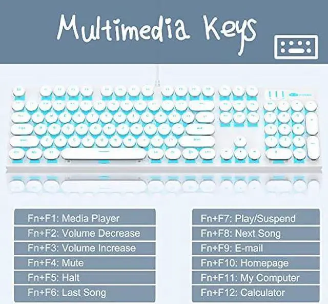Alt view image 6 of 7 - Camiysn Typewriter Style Mechanical Gaming Keyboard, White Retro Punk Gaming Keyboard with Blue Backlit, 104 Keys Blue Switch Wired Cute Keyboard, Round Keycaps for Windows/Mac/PC