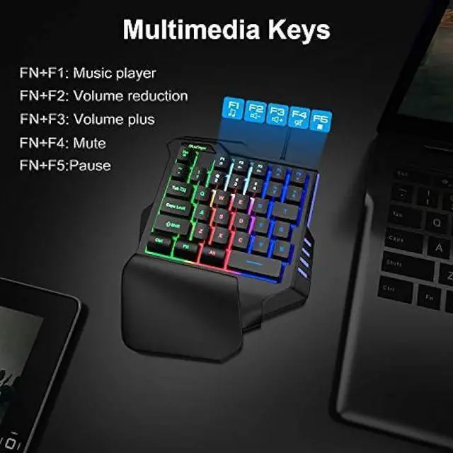 Alt view image 3 of 7 - One Hand RGB Gaming Keyboard,USB Wired Rainbow Letters Glow Single Hand Keyboard with Wrist Rest Support Multimedia Keys, Backlit Ergonomic Mechanical Feeling Keyboard for Game
