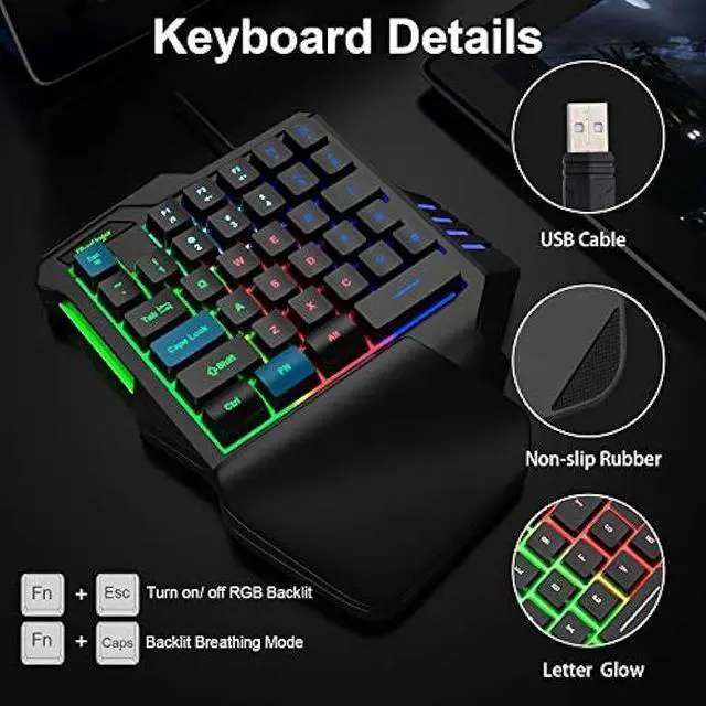 Alt view image 5 of 7 - One Hand RGB Gaming Keyboard,USB Wired Rainbow Letters Glow Single Hand Keyboard with Wrist Rest Support Multimedia Keys, Backlit Ergonomic Mechanical Feeling Keyboard for Game