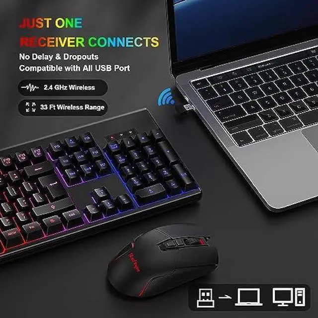 Alt view image 2 of 7 - BlueFinger Wireless Gaming Keyboard and Mouse, Rechargeable Rainbow Backlit Wireless Keyboard and Ergonomic Light Up Mouse Combo for Windows, Mac, PC, Laptop