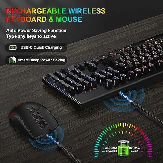 Alt view image 3 of 7 - BlueFinger Wireless Gaming Keyboard and Mouse, Rechargeable Rainbow Backlit Wireless Keyboard and Ergonomic Light Up Mouse Combo for Windows, Mac, PC, Laptop