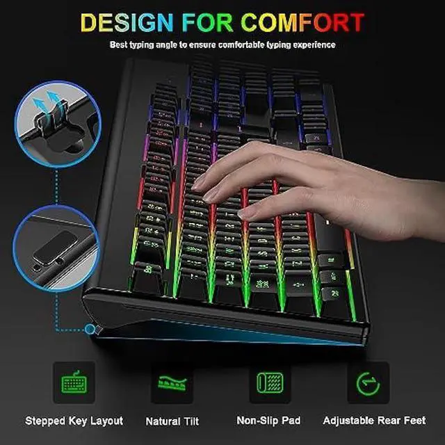 Alt view image 5 of 7 - BlueFinger Wireless Gaming Keyboard and Mouse, Rechargeable Rainbow Backlit Wireless Keyboard and Ergonomic Light Up Mouse Combo for Windows, Mac, PC, Laptop