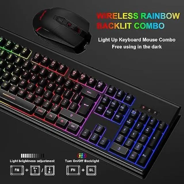 Alt view image 4 of 7 - BlueFinger Wireless Gaming Keyboard and Mouse, Rechargeable Rainbow Backlit Wireless Keyboard and Ergonomic Light Up Mouse Combo for Windows, Mac, PC, Laptop