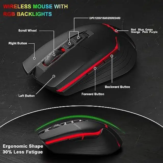 Alt view image 6 of 7 - BlueFinger Wireless Gaming Keyboard and Mouse, Rechargeable Rainbow Backlit Wireless Keyboard and Ergonomic Light Up Mouse Combo for Windows, Mac, PC, Laptop
