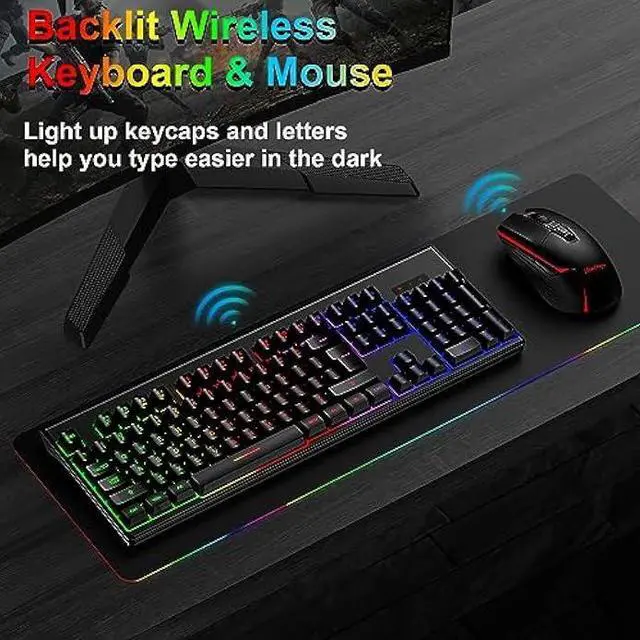 Alt view image 7 of 7 - BlueFinger Wireless Gaming Keyboard and Mouse, Rechargeable Rainbow Backlit Wireless Keyboard and Ergonomic Light Up Mouse Combo for Windows, Mac, PC, Laptop