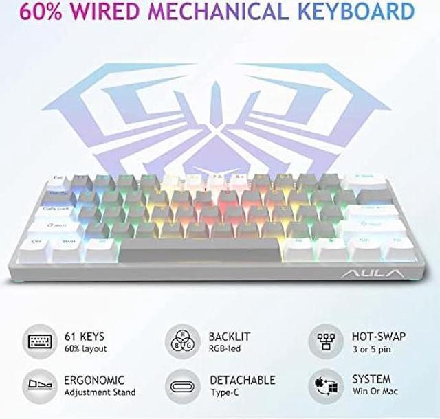 Alt view image 2 of 6 - AULA 29 RGB 60 Percent Wired PC Gaming Keyboard Mechanical, Mini Compact Micro Gaming Keyboards Small,Hot Swappable Mechanical Keyboard with Blue Switches-White&Grey