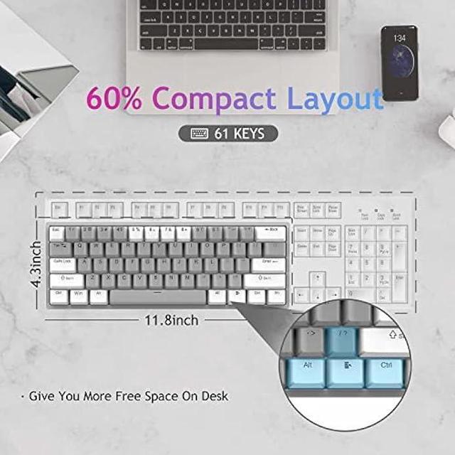 Alt view image 3 of 6 - AULA 29 RGB 60 Percent Wired PC Gaming Keyboard Mechanical, Mini Compact Micro Gaming Keyboards Small,Hot Swappable Mechanical Keyboard with Blue Switches-White&Grey