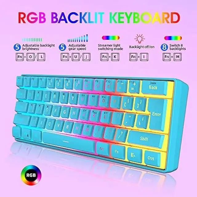 Alt view image 4 of 7 - DGG 60% Wired Gaming Keyboard, Pudding Keycaps with Translucent Layer, RGB Backlit Ultra-Compact Small Keyboard, Waterproof Mini Compact 61 Keys Keyboard for PC/Mac Gamer, Typist, Travel, Blue