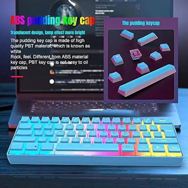 Alt view image 5 of 7 - DGG 60% Wired Gaming Keyboard, Pudding Keycaps with Translucent Layer, RGB Backlit Ultra-Compact Small Keyboard, Waterproof Mini Compact 61 Keys Keyboard for PC/Mac Gamer, Typist, Travel, Blue