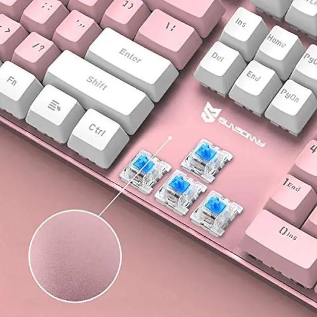 Alt view image 2 of 6 - Merdia Mechanical Keyboard Gaming Keyboard with Blue Switch Wired White LED Backlit Keyboard Full Size 104 Keys US Layout(Pink & White)