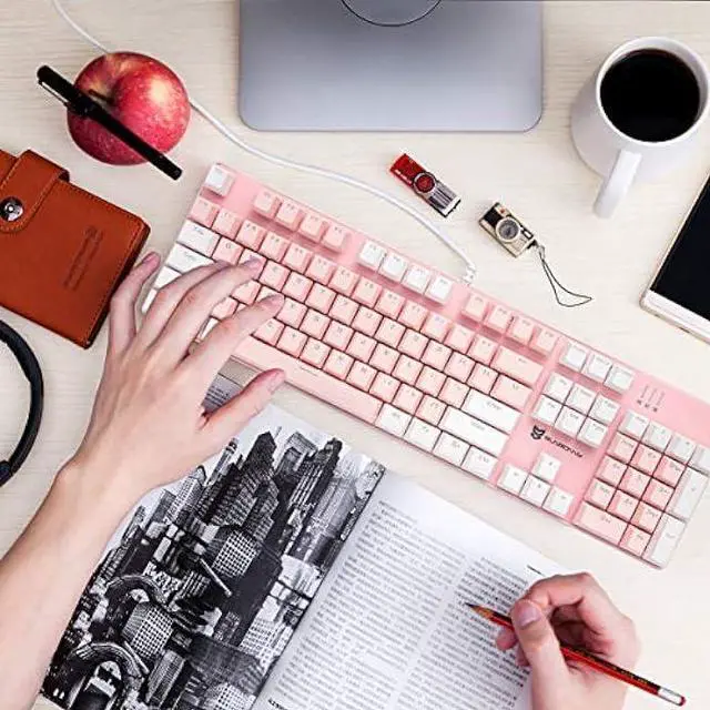 Alt view image 6 of 6 - Merdia Mechanical Keyboard Gaming Keyboard with Blue Switch Wired White LED Backlit Keyboard Full Size 104 Keys US Layout(Pink & White)